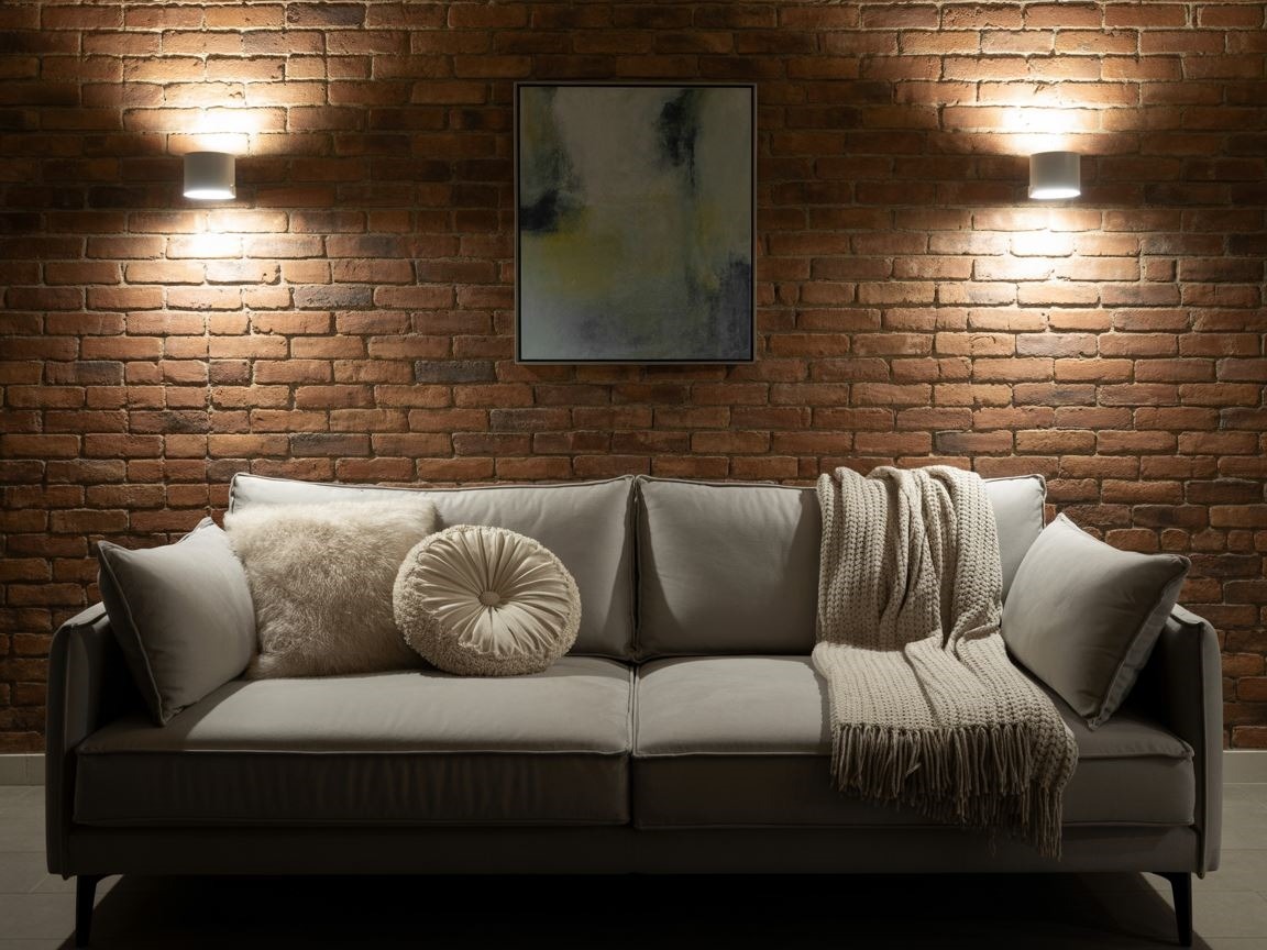 nowoczesny salon z ceglaną ścianą