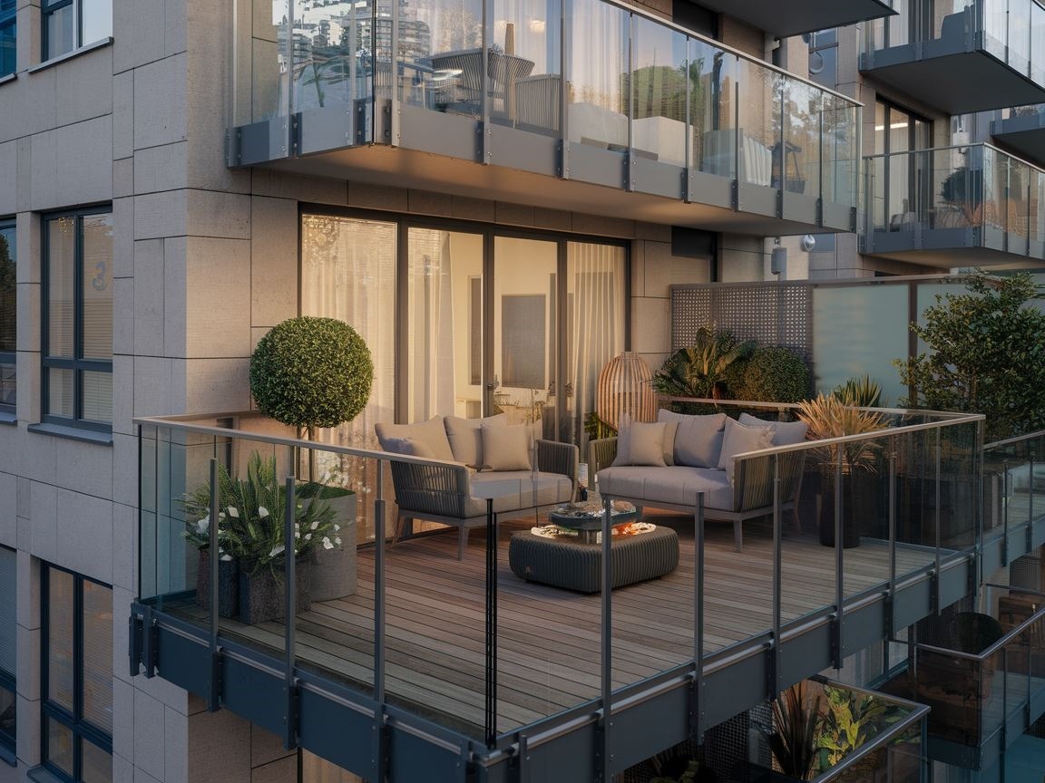 Balkon z drewnianą podłogą i szklanymi balustradami