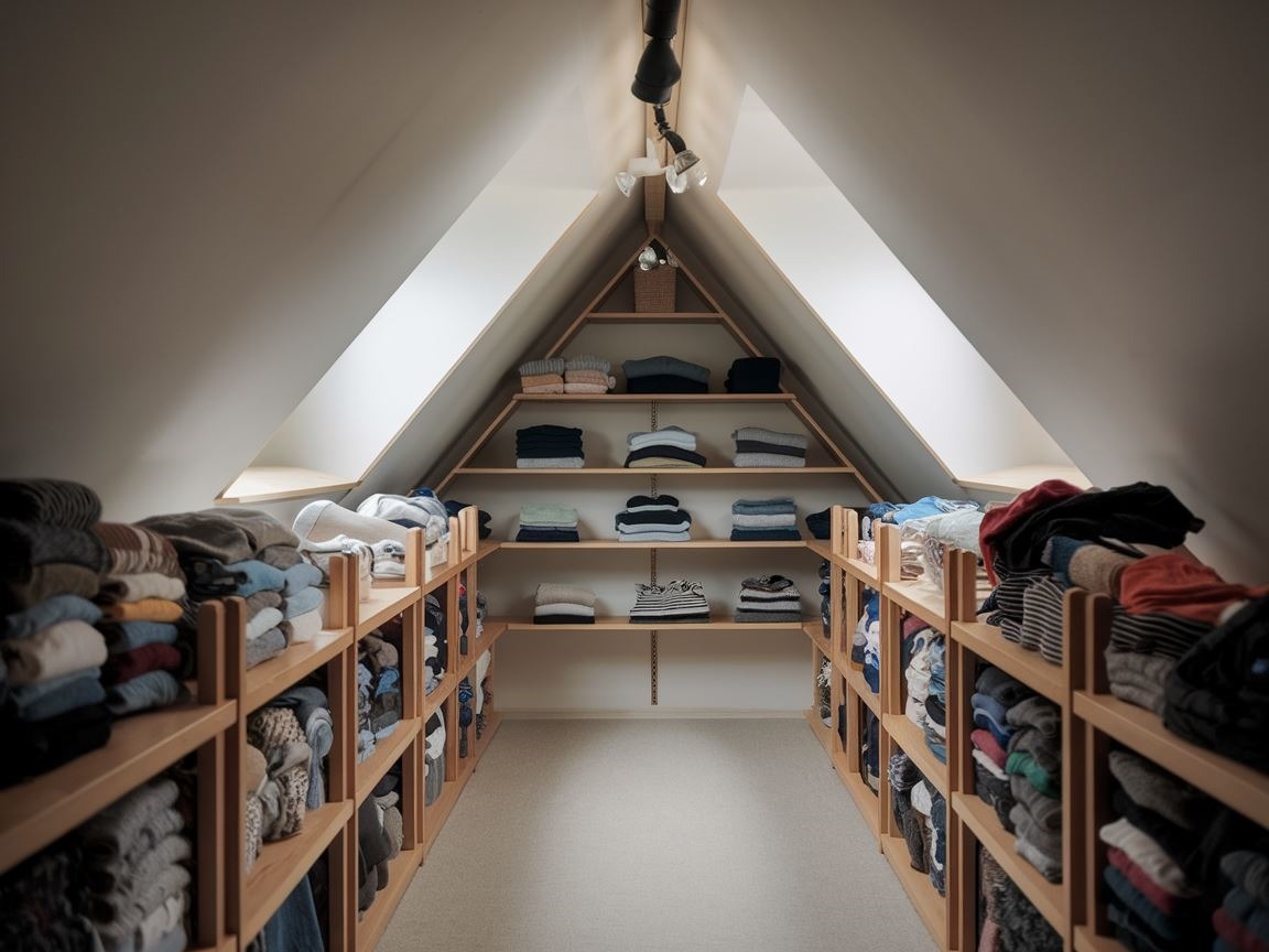 Tidy attic with folded clothes on shelves